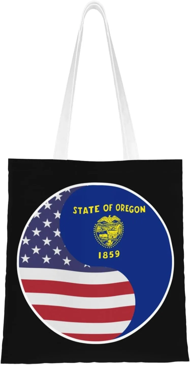 Yin Yang Flag Combination Of America And Oregon Tote Bag for Women Canvas Shopping Bags Reusable Large Capacity Casual Shoulder Handbags Grocery Bags DIY Gift Bags