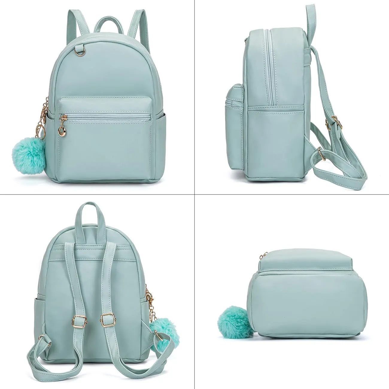 YiXiamo Cute 10 inch mini pu backpack with hooks and fluffy ball for teenage girl children and adult (green)