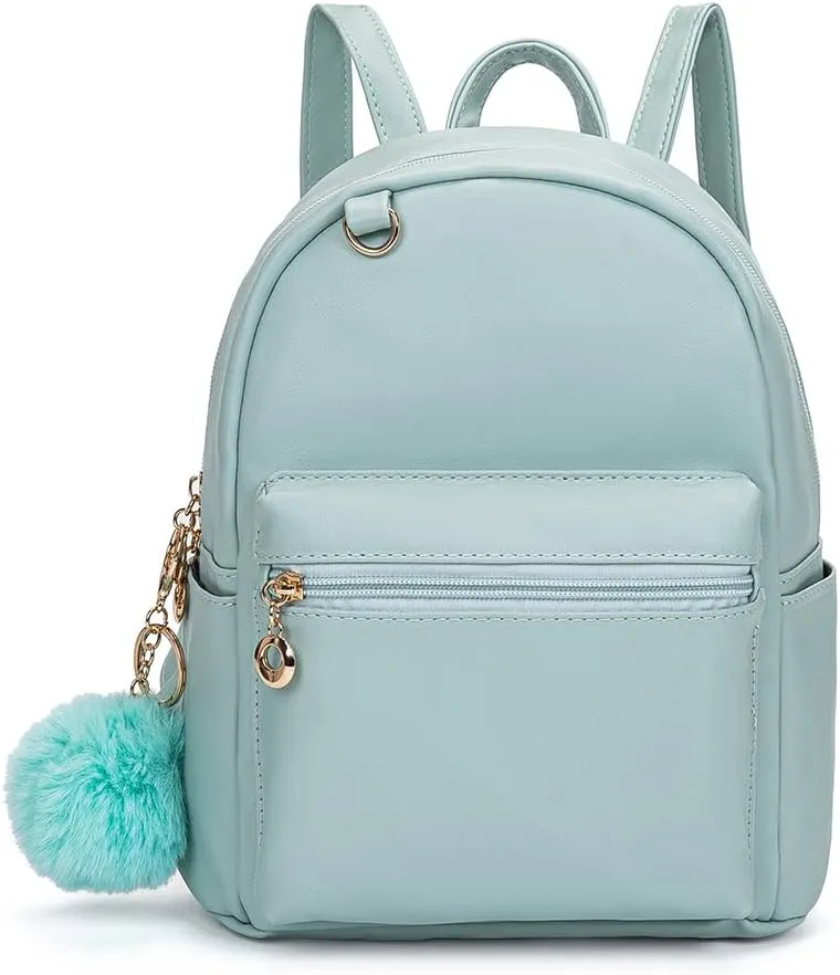 YiXiamo Cute 10 inch mini pu backpack with hooks and fluffy ball for teenage girl children and adult (green)