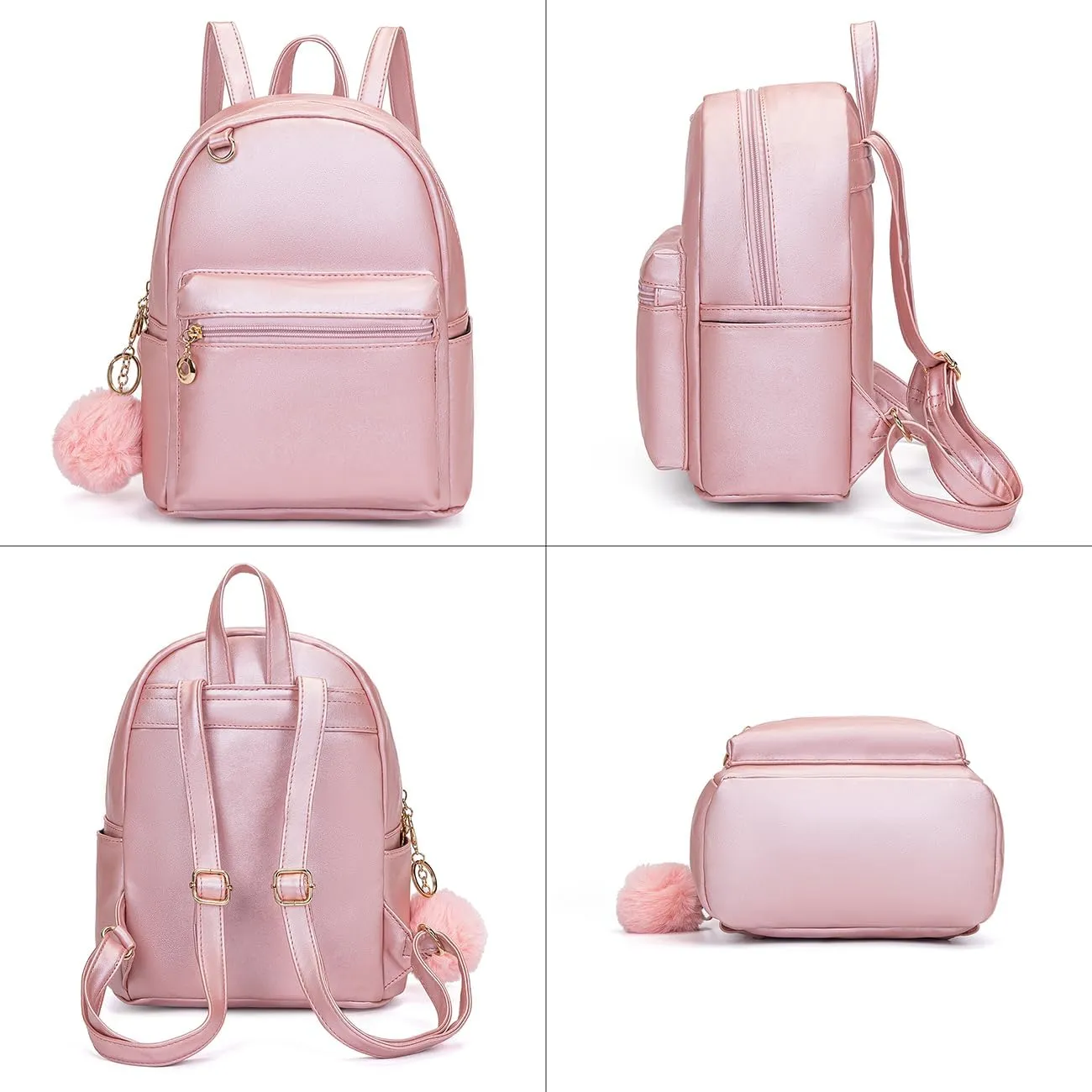 YiXiamo Cute 10 inch mini pu backpack with hooks and fluffy ball for teenage girl children and adult (pearl pink)