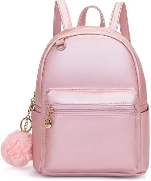 YiXiamo Cute 10 inch mini pu backpack with hooks and fluffy ball for teenage girl children and adult (pearl pink)