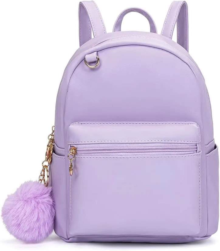 YiXiamo Cute 10 inch mini pu backpack with hooks and fluffy ball for teenage girl children and adult (purple)