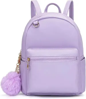 YiXiamo Cute 10 inch mini pu backpack with hooks and fluffy ball for teenage girl children and adult (purple)