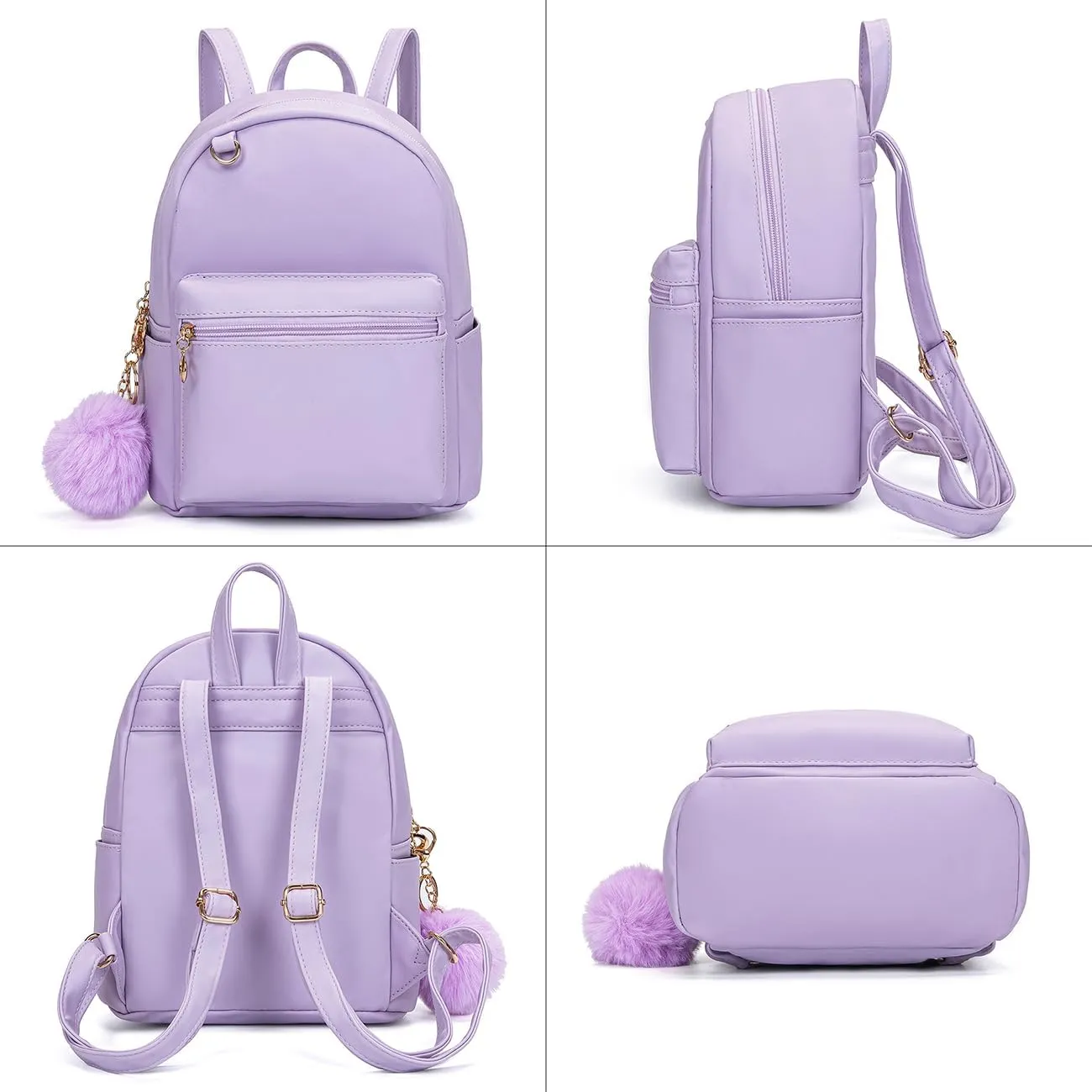 YiXiamo Cute 10 inch mini pu backpack with hooks and fluffy ball for teenage girl children and adult (purple)