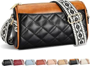 ZAUKNYA Quilted Crossbody Bags for Women Small Vegan Leather Cross body Purse Shoulder Handbags with Wide Guitar Strap