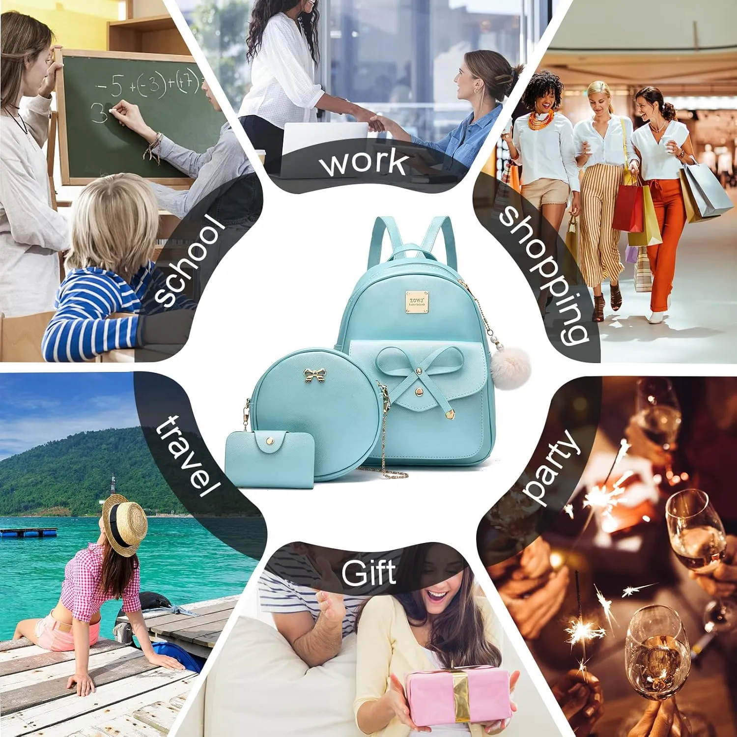 ZGWJ Mini Backpack Purse for Women - 3-Piece Set, Small PU Leather Bowknot Fashion Backpacks, Cute Casual Travel Daypacks