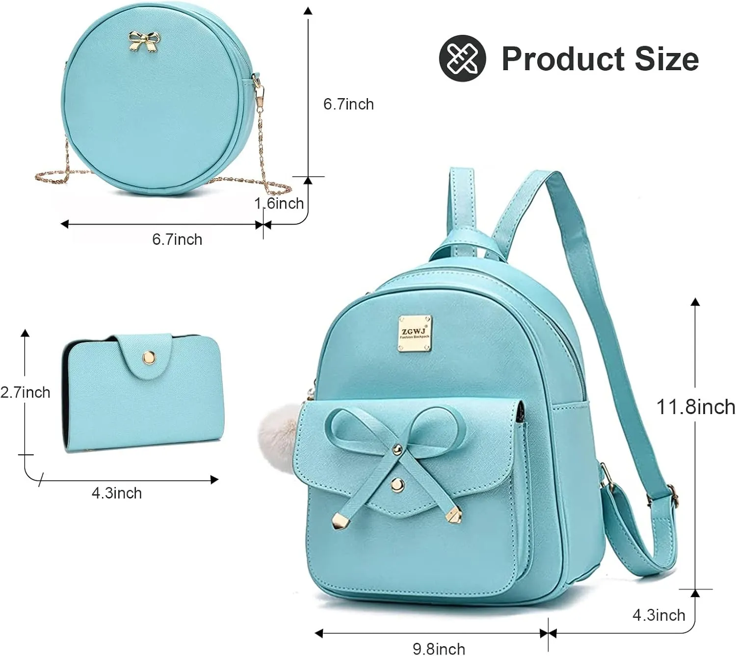 ZGWJ Mini Backpack Purse for Women - 3-Piece Set, Small PU Leather Bowknot Fashion Backpacks, Cute Casual Travel Daypacks