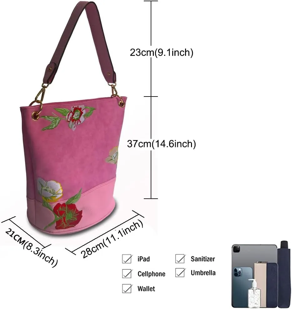 ZiMing Vintage Bucket Bag for Women Purse Floral Embroider Hobo Bag PU Leather Satchel Shoulder Bag Small Tote Handbag