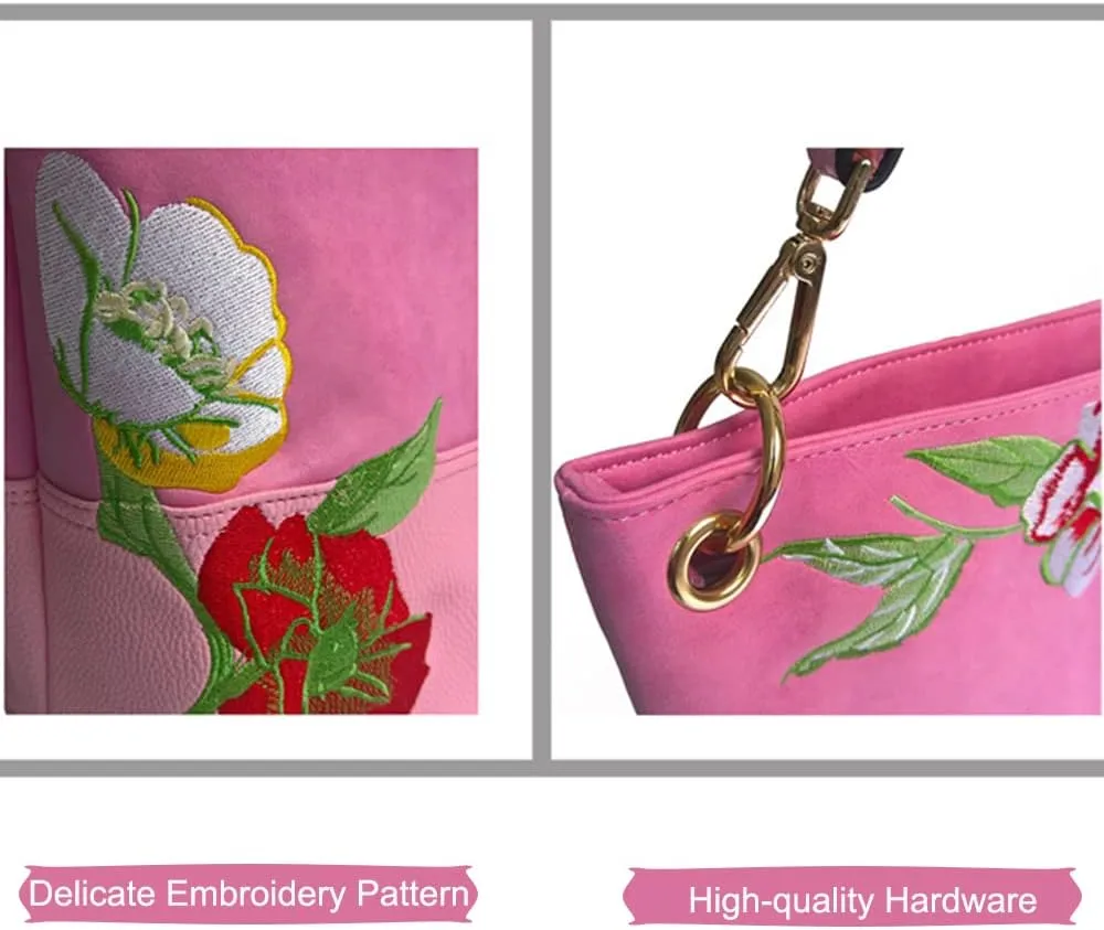 ZiMing Vintage Bucket Bag for Women Purse Floral Embroider Hobo Bag PU Leather Satchel Shoulder Bag Small Tote Handbag