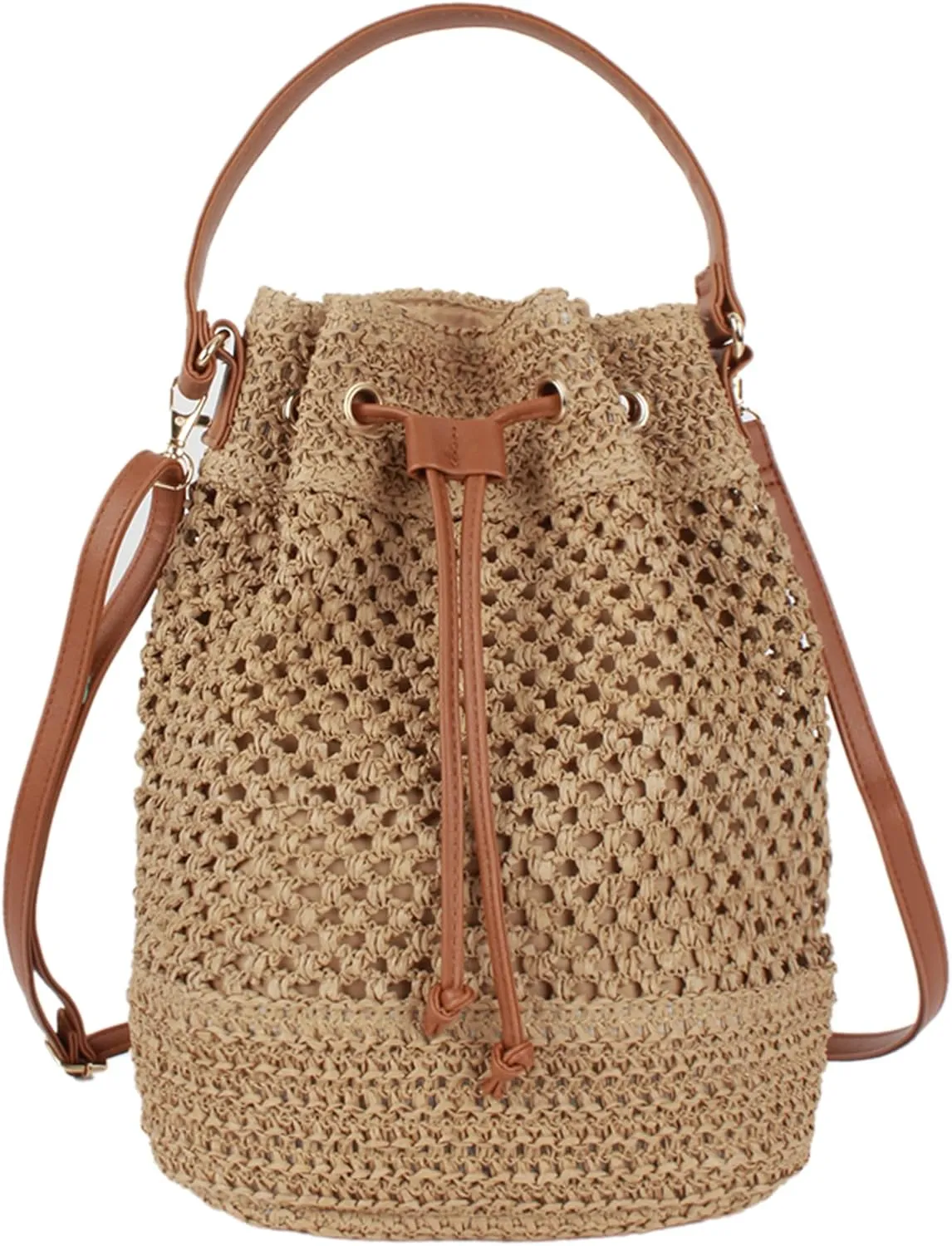 ZLM BAG US Straw Drawstring Bucket Bag Summer Crochet Tote Purse Pu Leather Strap Crossbody Shoulder Bag