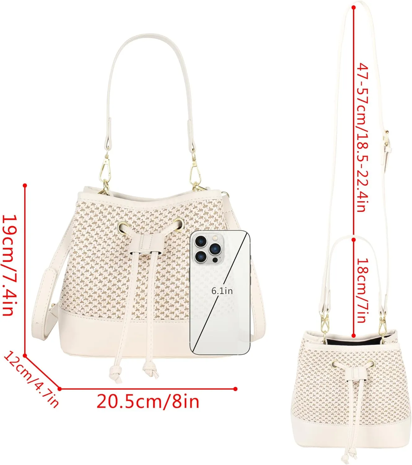 ZLM BAG US Straw Drawstring Bucket Bag Summer Crochet Tote Purse Pu Leather Strap Crossbody Shoulder Bag
