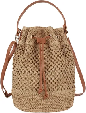 ZLM BAG US Straw Drawstring Bucket Bag Summer Crochet Tote Purse Pu Leather Strap Crossbody Shoulder Bag