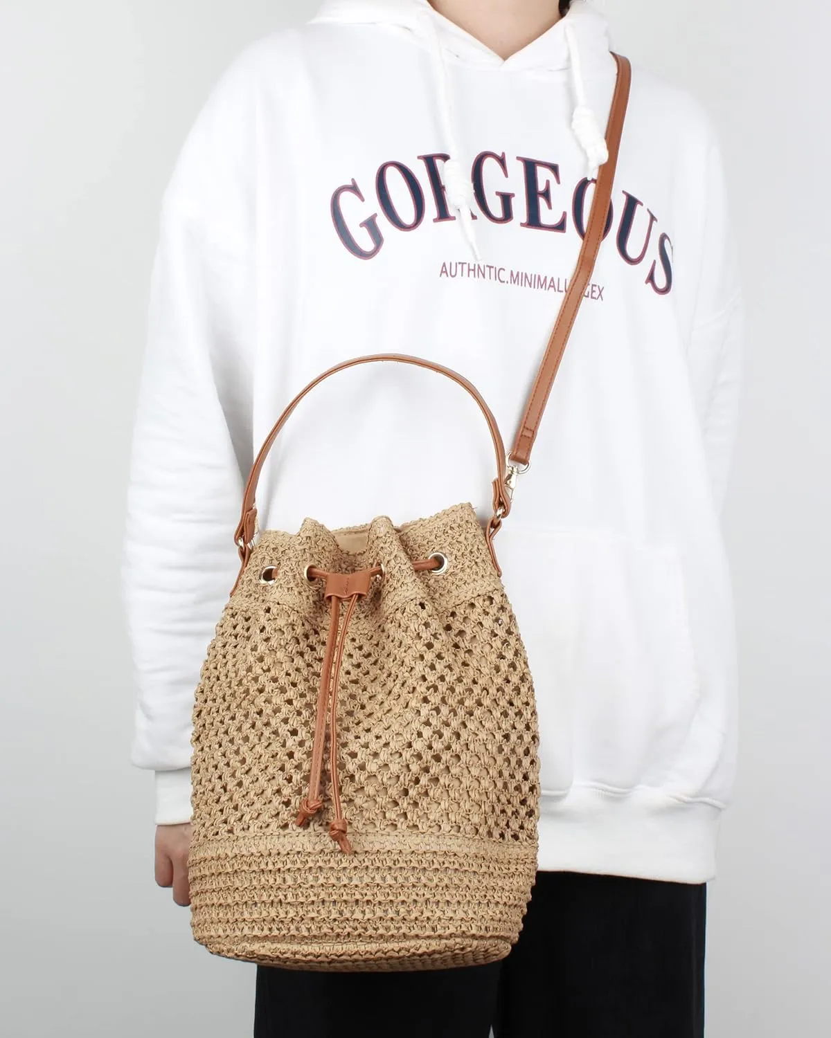 ZLM BAG US Straw Drawstring Bucket Bag Summer Crochet Tote Purse Pu Leather Strap Crossbody Shoulder Bag
