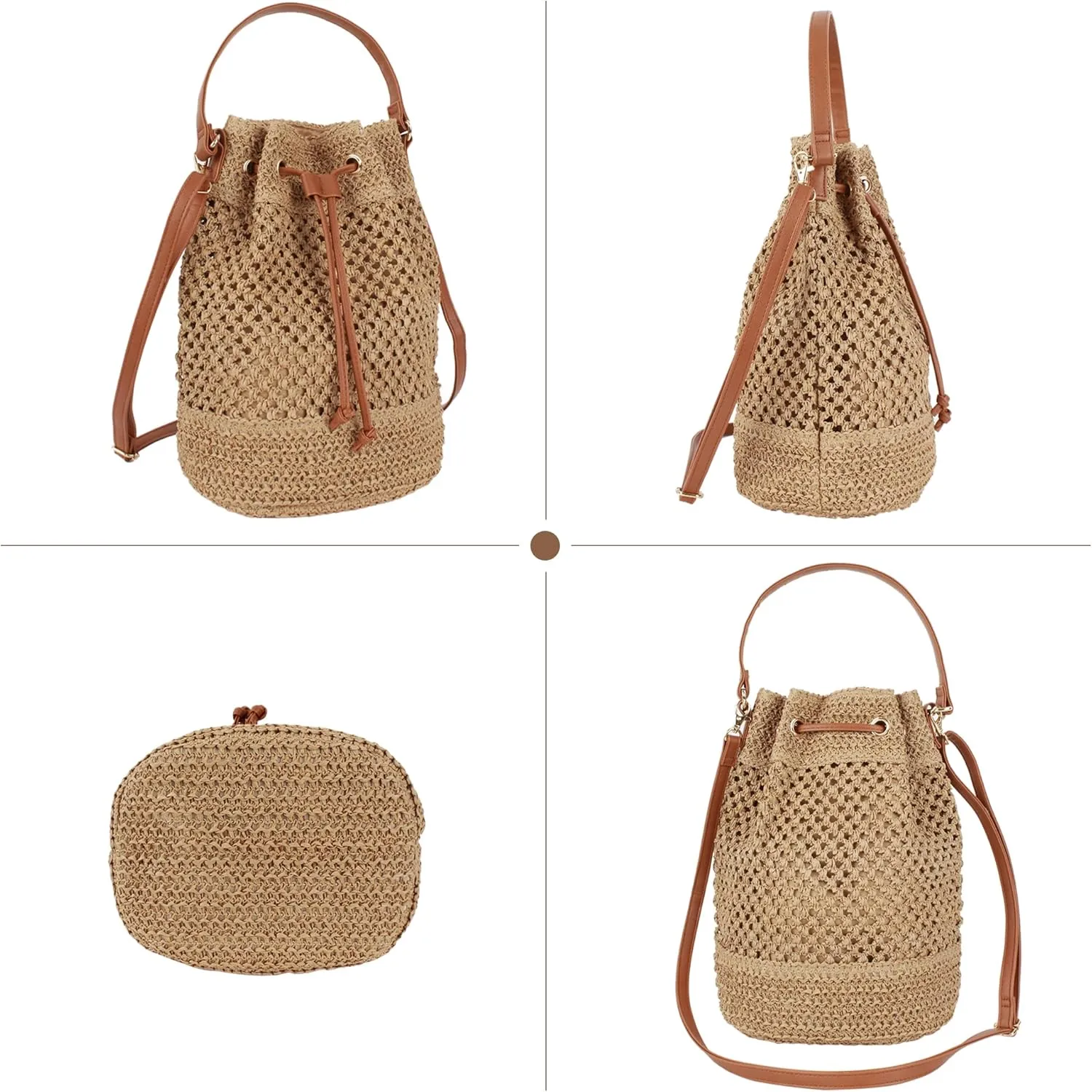 ZLM BAG US Straw Drawstring Bucket Bag Summer Crochet Tote Purse Pu Leather Strap Crossbody Shoulder Bag