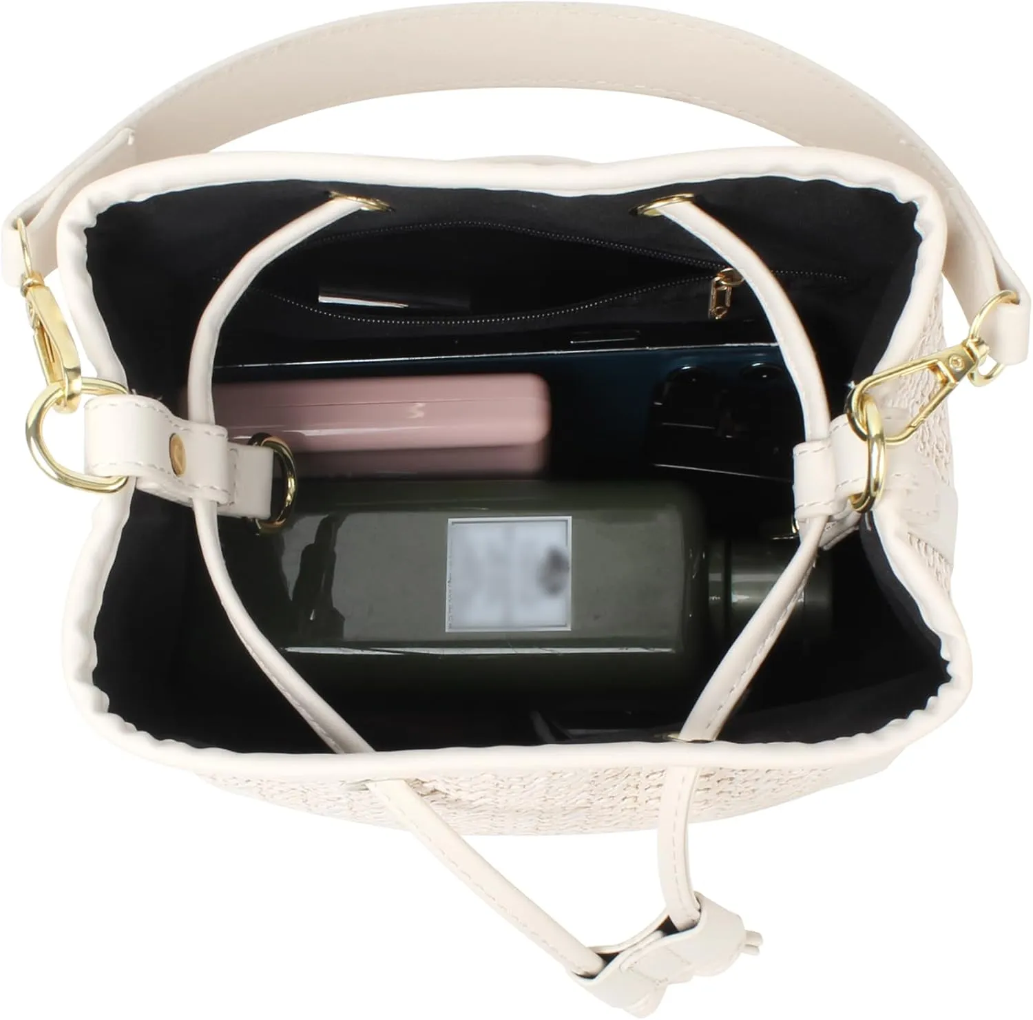 ZLM BAG US Straw Drawstring Bucket Bag Summer Crochet Tote Purse Pu Leather Strap Crossbody Shoulder Bag