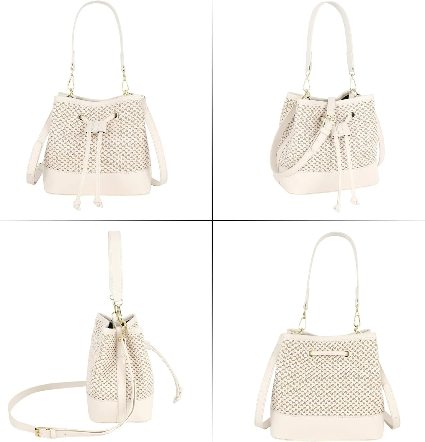 ZLM BAG US Straw Drawstring Bucket Bag Summer Crochet Tote Purse Pu Leather Strap Crossbody Shoulder Bag