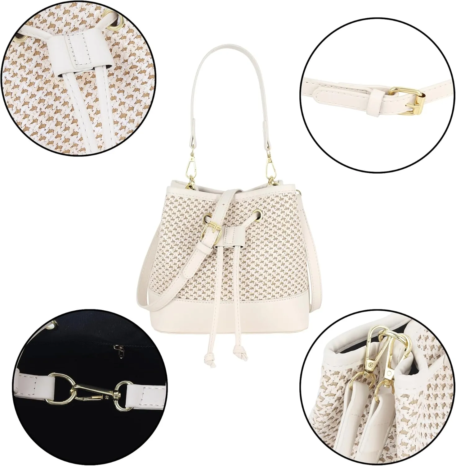 ZLM BAG US Straw Drawstring Bucket Bag Summer Crochet Tote Purse Pu Leather Strap Crossbody Shoulder Bag
