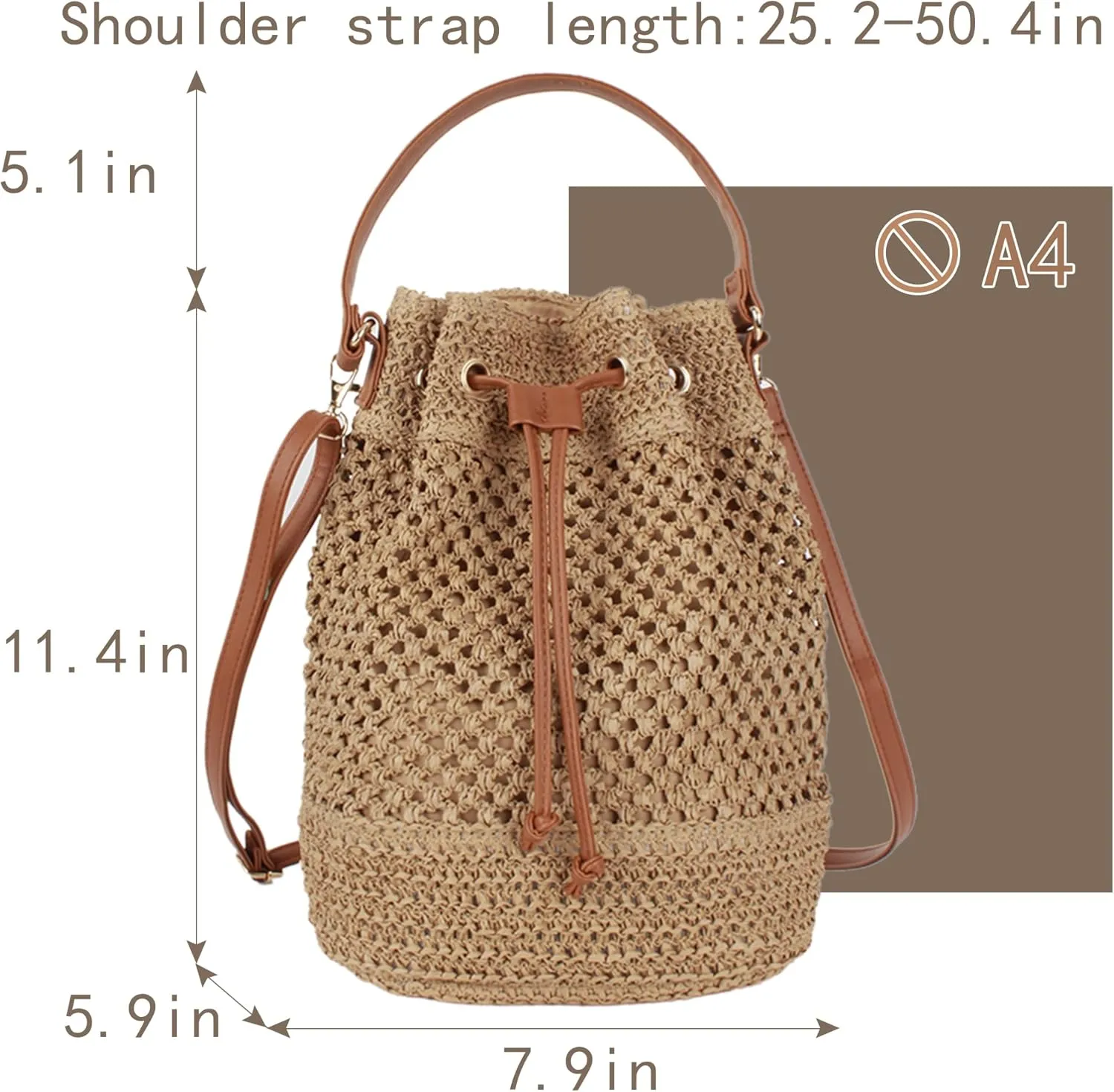 ZLM BAG US Straw Drawstring Bucket Bag Summer Crochet Tote Purse Pu Leather Strap Crossbody Shoulder Bag