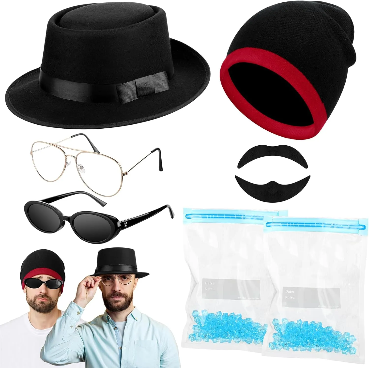 Zoooyawn 9 Pcs Halloween Hazmat Costume Men Adults Costume Accessories Include Porkpie Hat Beanie Cap Sunglasses Fake Beard Blue Particles with Bags for Cosplay Party